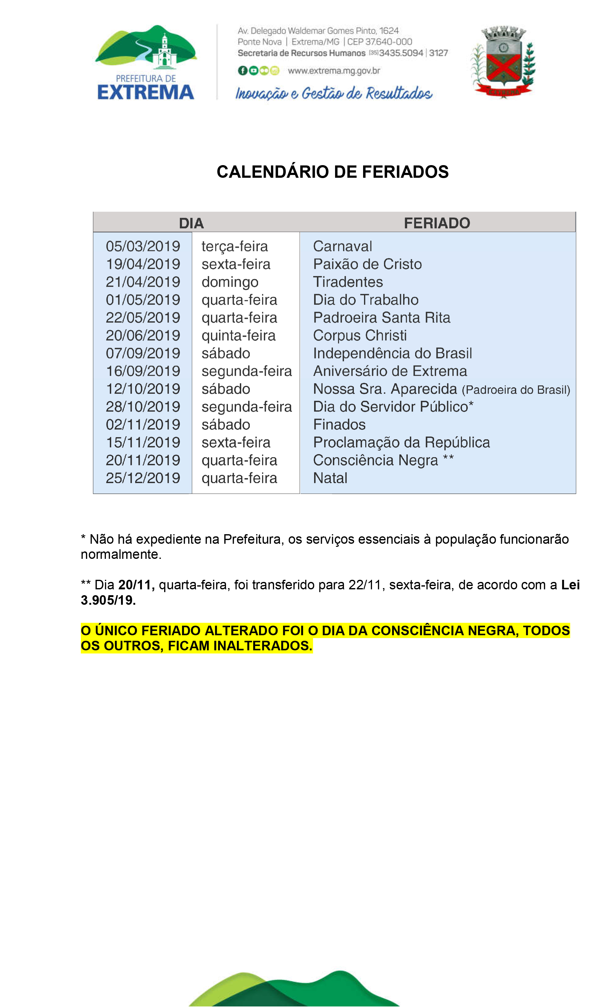 Confira O Calendário De Feriados 2019 Extrema Mg